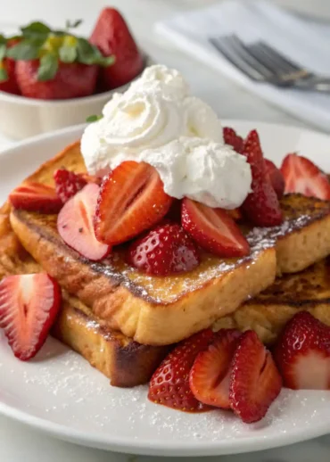 Strawberries and Cream French Toast features buttery slices of brioche bread, fresh strawberries, and whipped cream! A fancy restaurant-quality recipe that's perfect for Easter, Mother's Day, or a bridal shower brunch!
