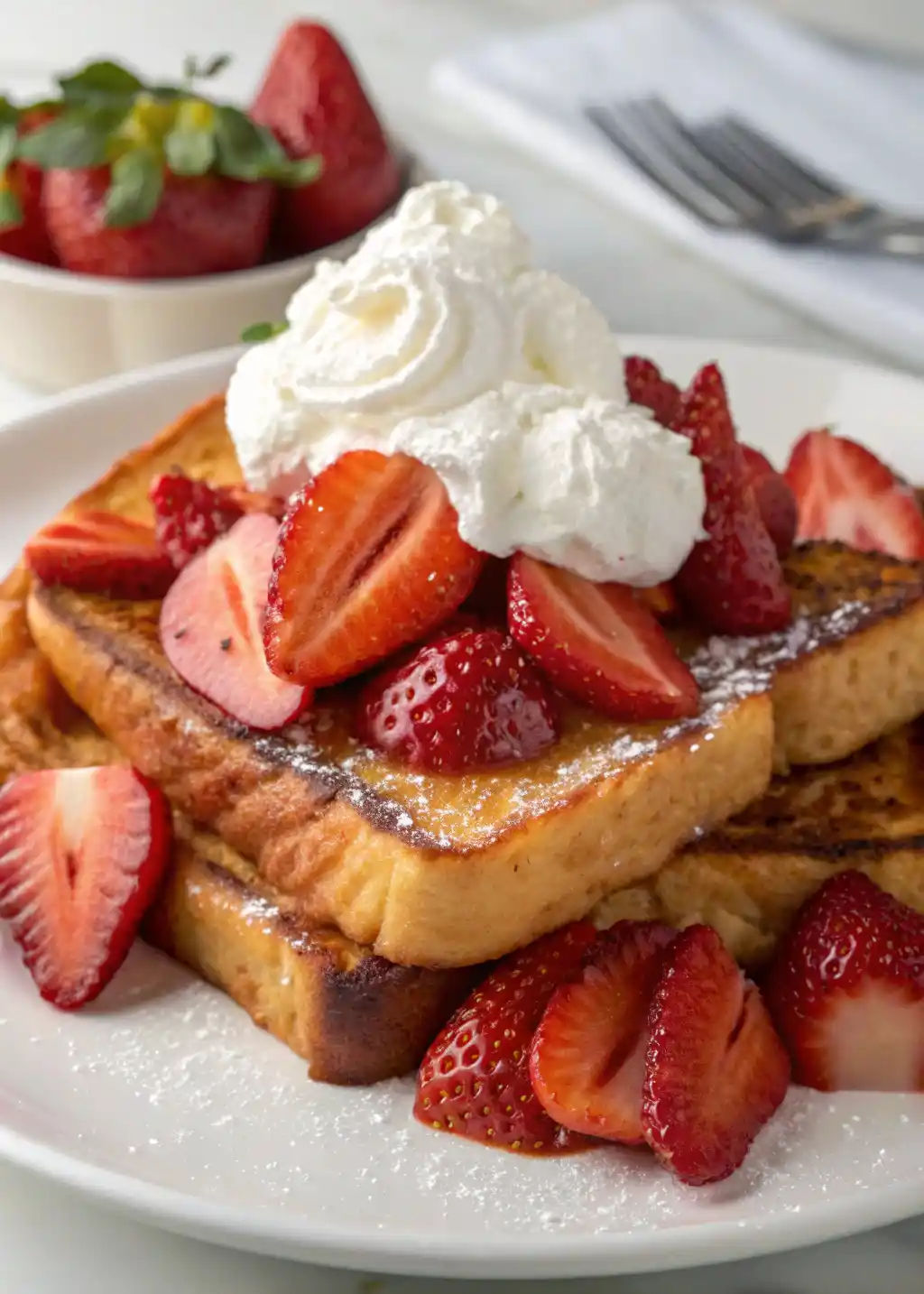 Strawberries and Cream French Toast features buttery slices of brioche bread, fresh strawberries, and whipped cream! A fancy restaurant-quality recipe that's perfect for Easter, Mother's Day, or a bridal shower brunch!