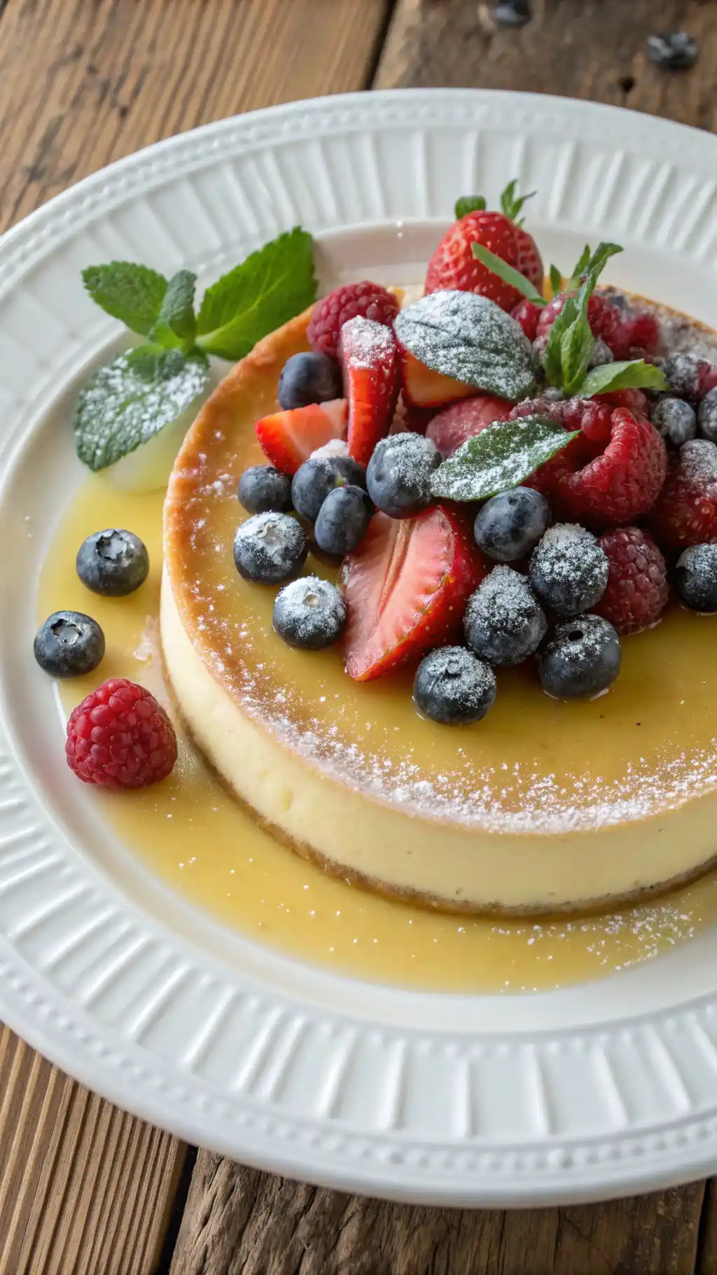 French flan with berries on an elegant white plate