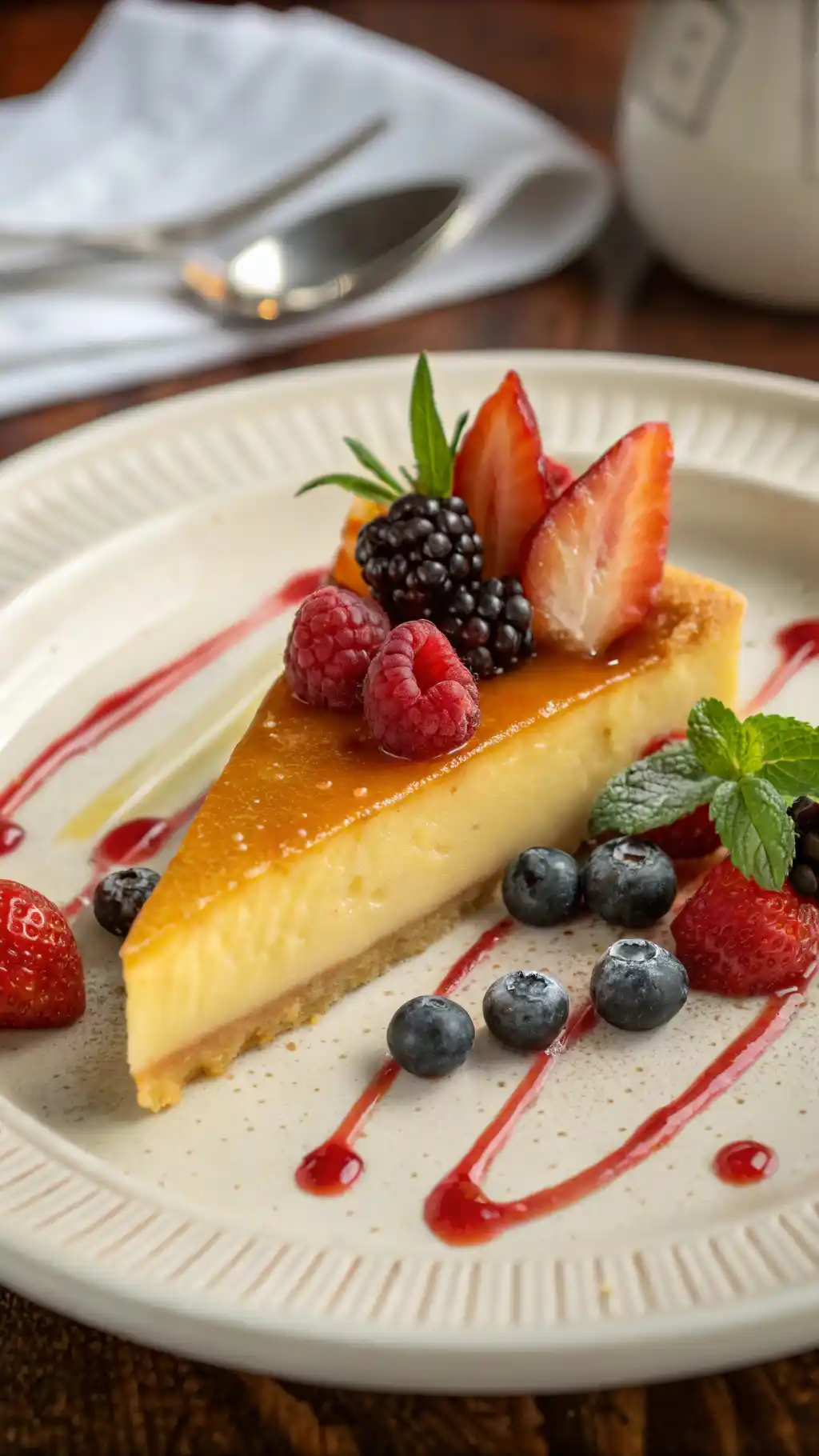 A beautifully plated slice of French flan with berries on a dessert plate