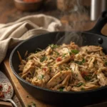 Freshly baked shredded chicken in a pan