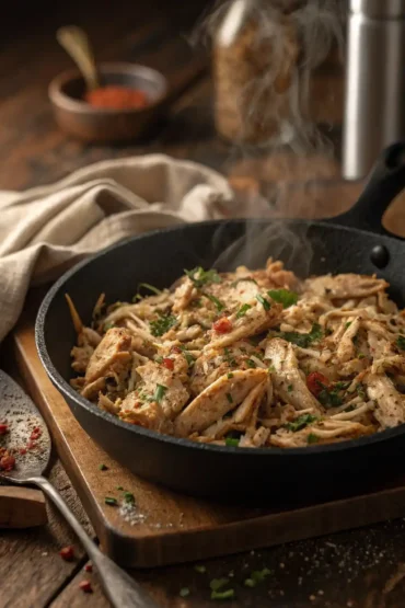 Freshly baked shredded chicken in a pan