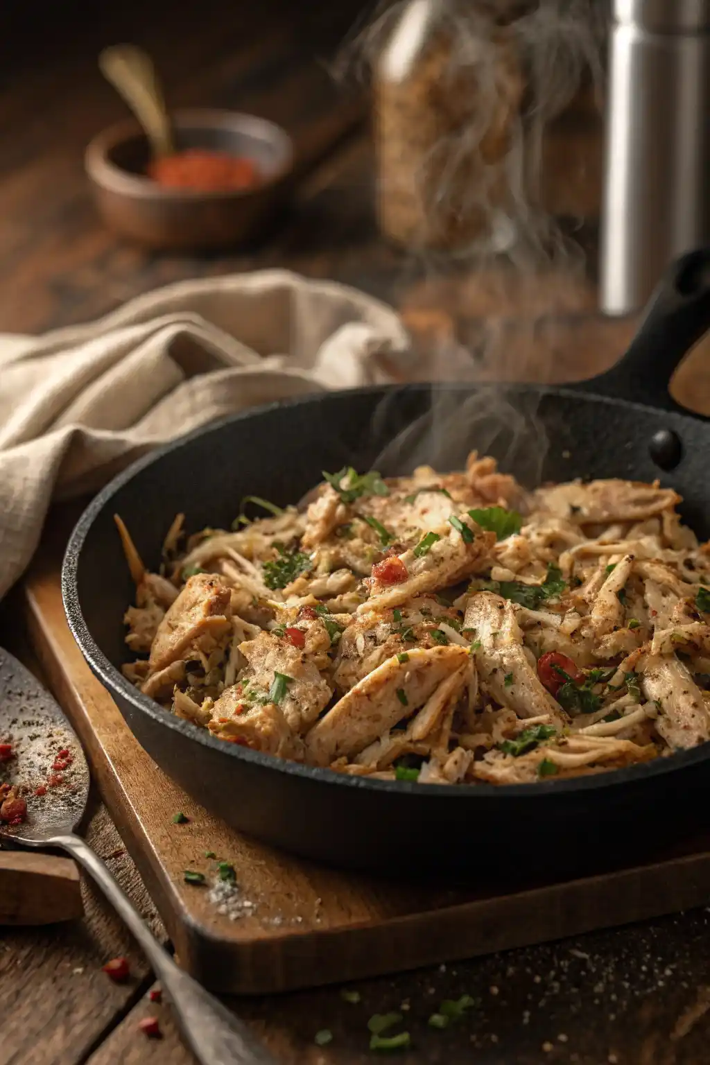 Freshly baked shredded chicken in a pan