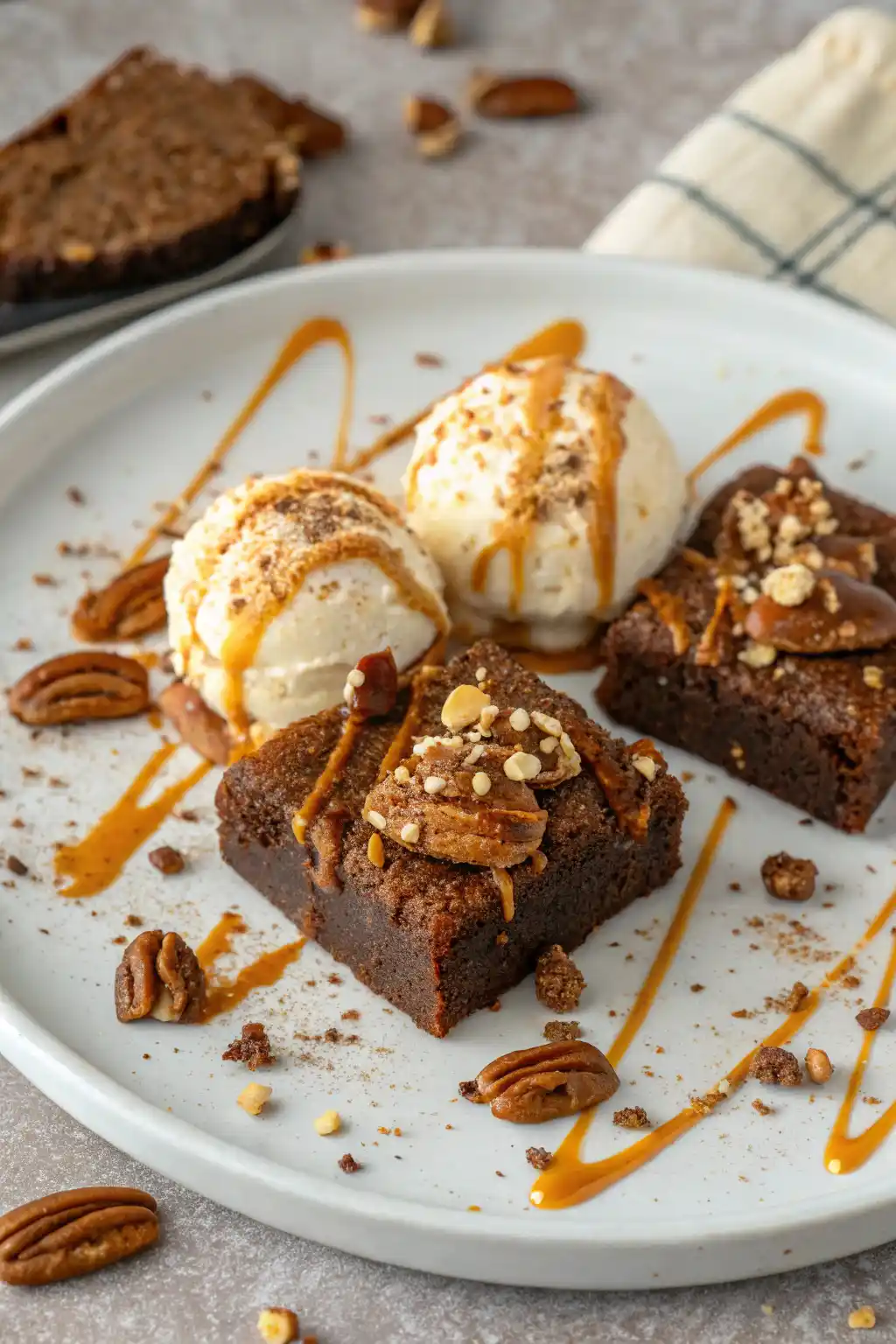 Pumpkin Spice Brownie Bites with ice cream and caramel