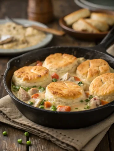 Chicken Pot Pie with Biscuit Crust in cast iron skillet
