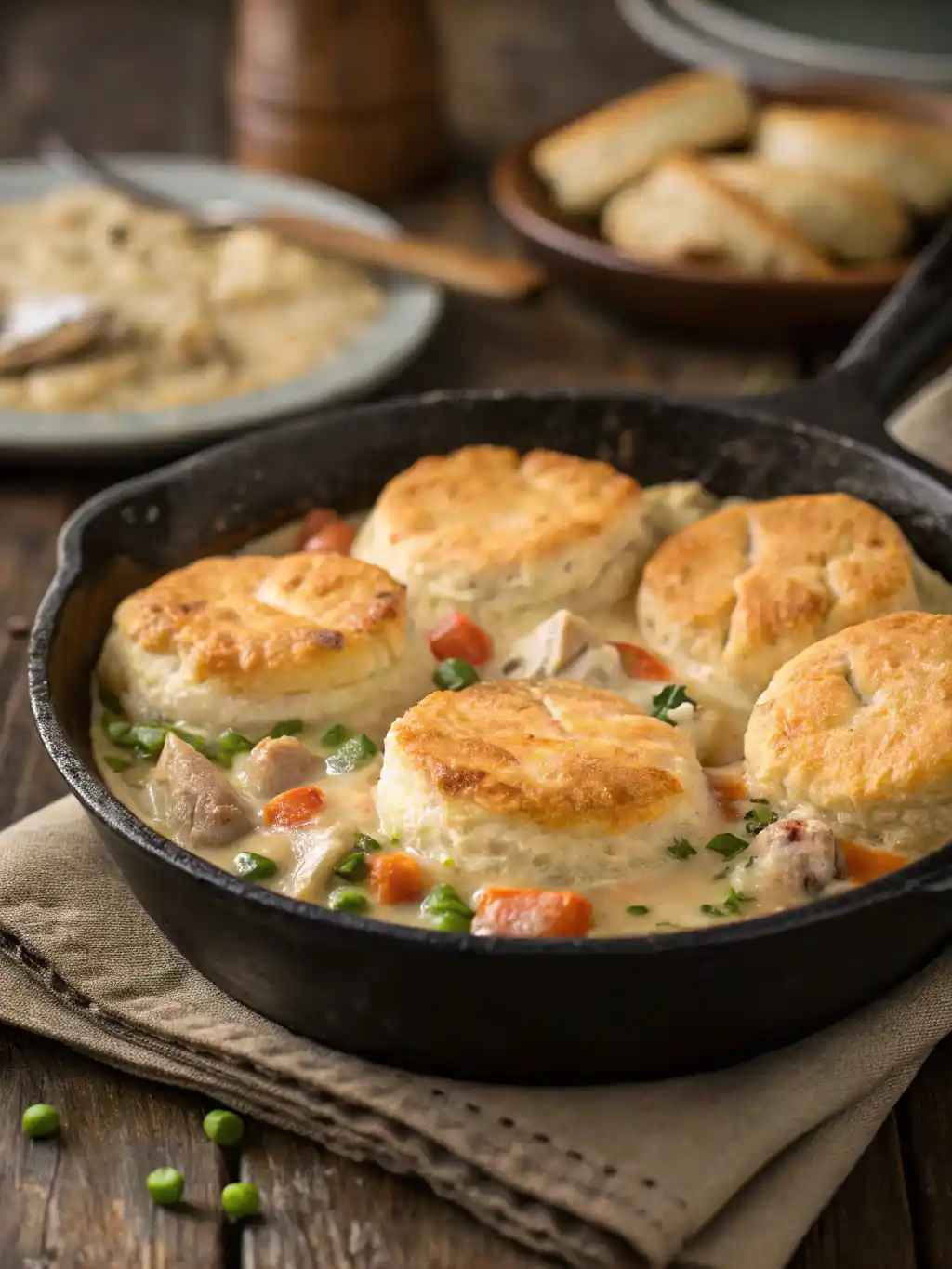 Chicken Pot Pie with Biscuit Crust in cast iron skillet