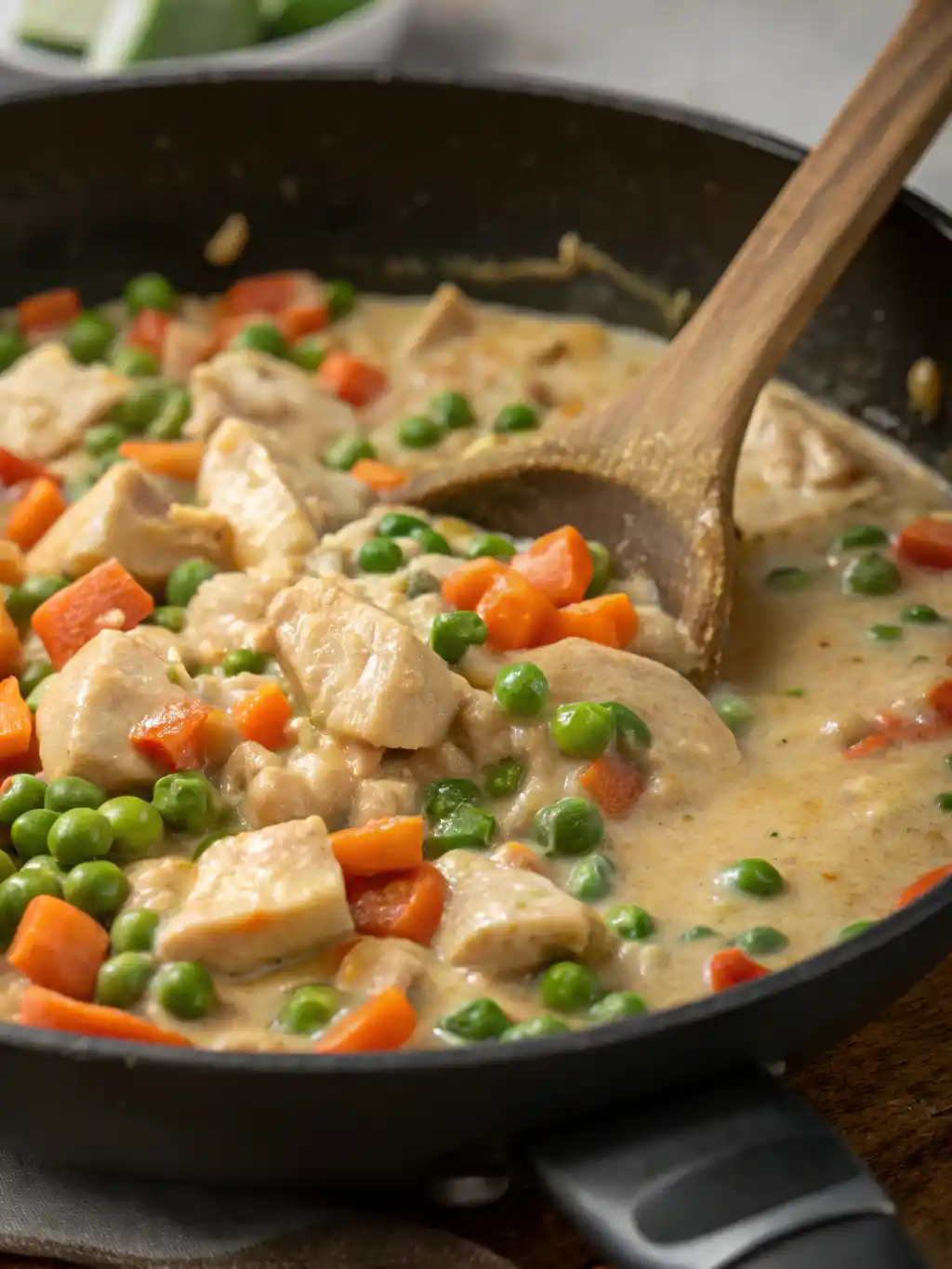 Creamy chicken pot pie filling being prepared
