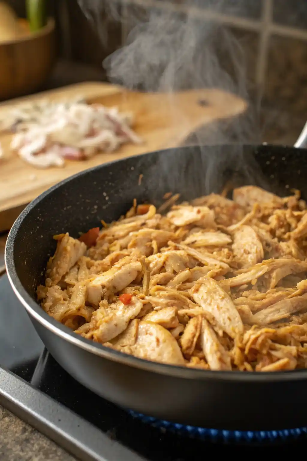 baked shredded chicken in a pan
