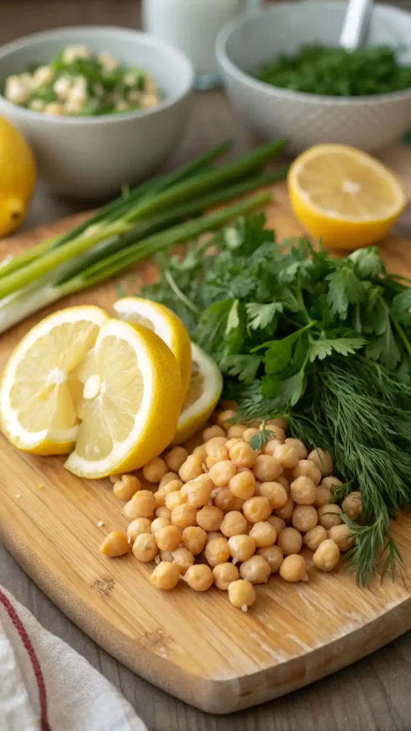 ingredients for herby lemon mashed chickpea salad