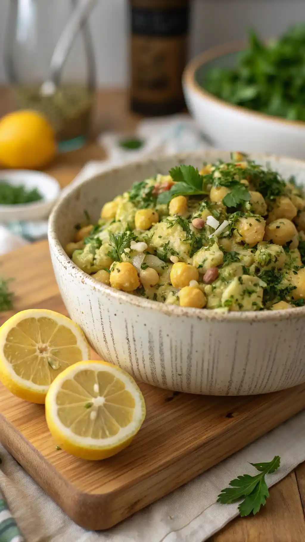 herby lemon mashed chickpea salad in rustic bowl