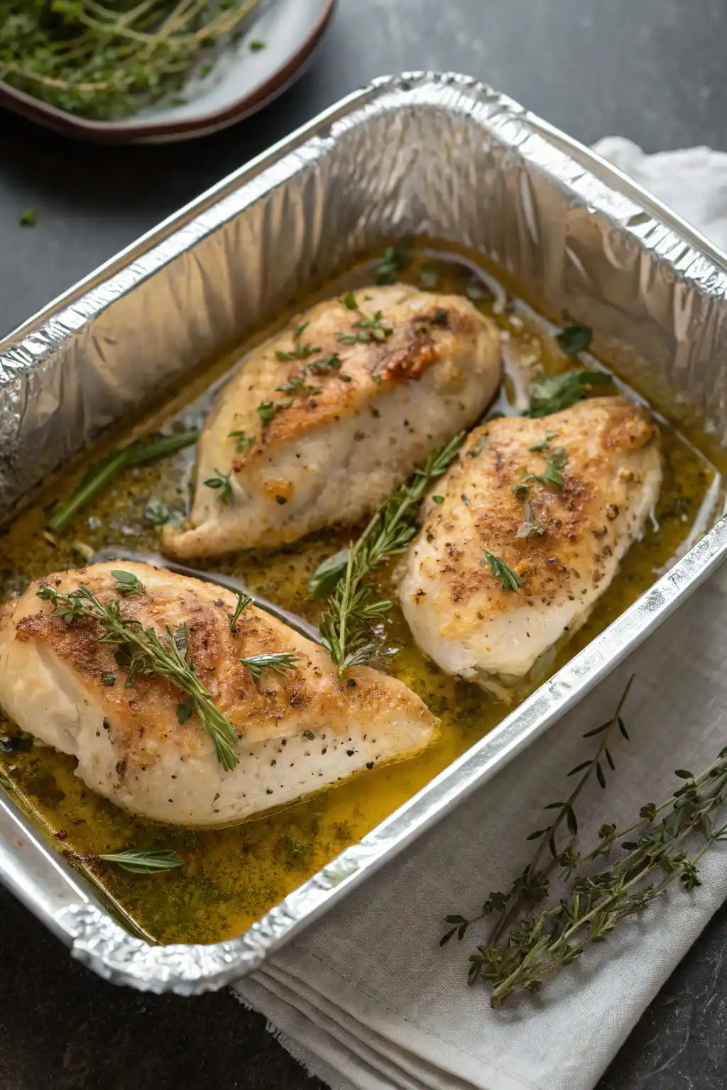 Chicken baking in foil-covered dish for shredding