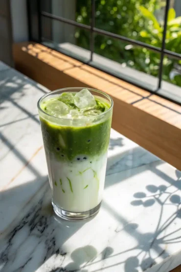 Iced Vanilla Matcha Latte in a clear glass