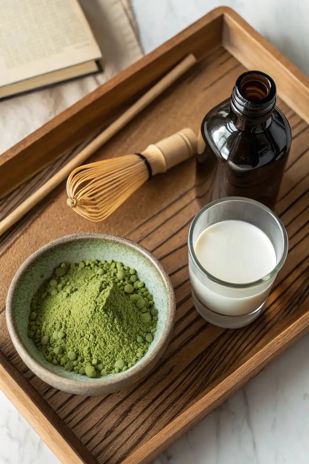 Matcha, vanilla, and milk setup for iced latte