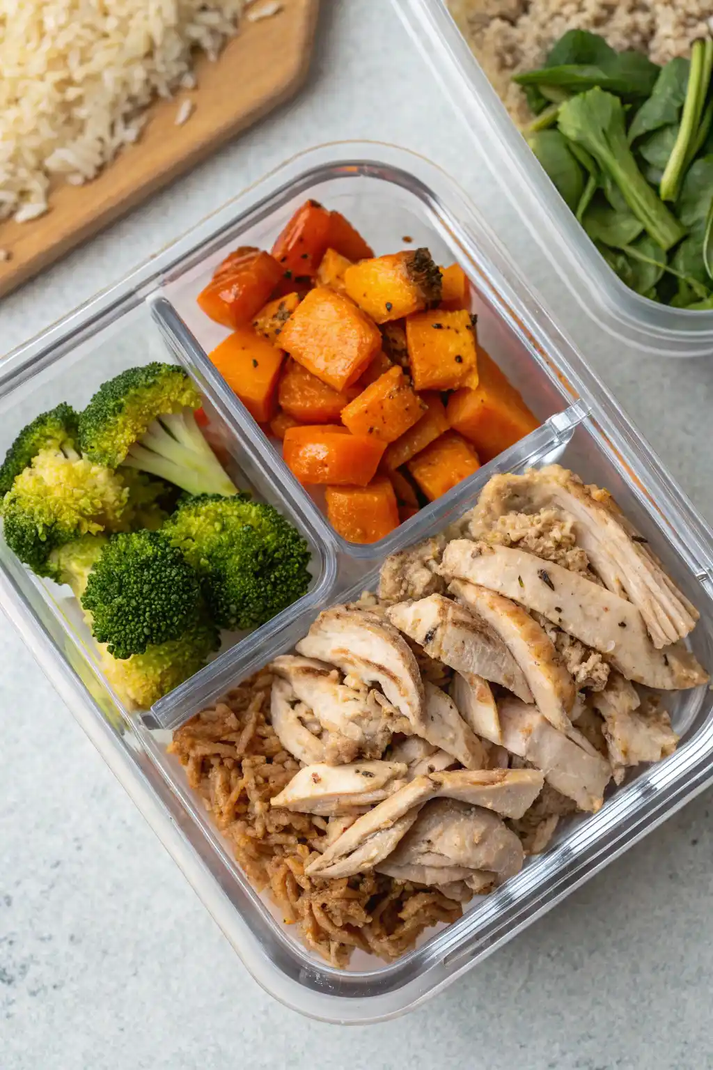 Baked shredded chicken in a meal prep bowl