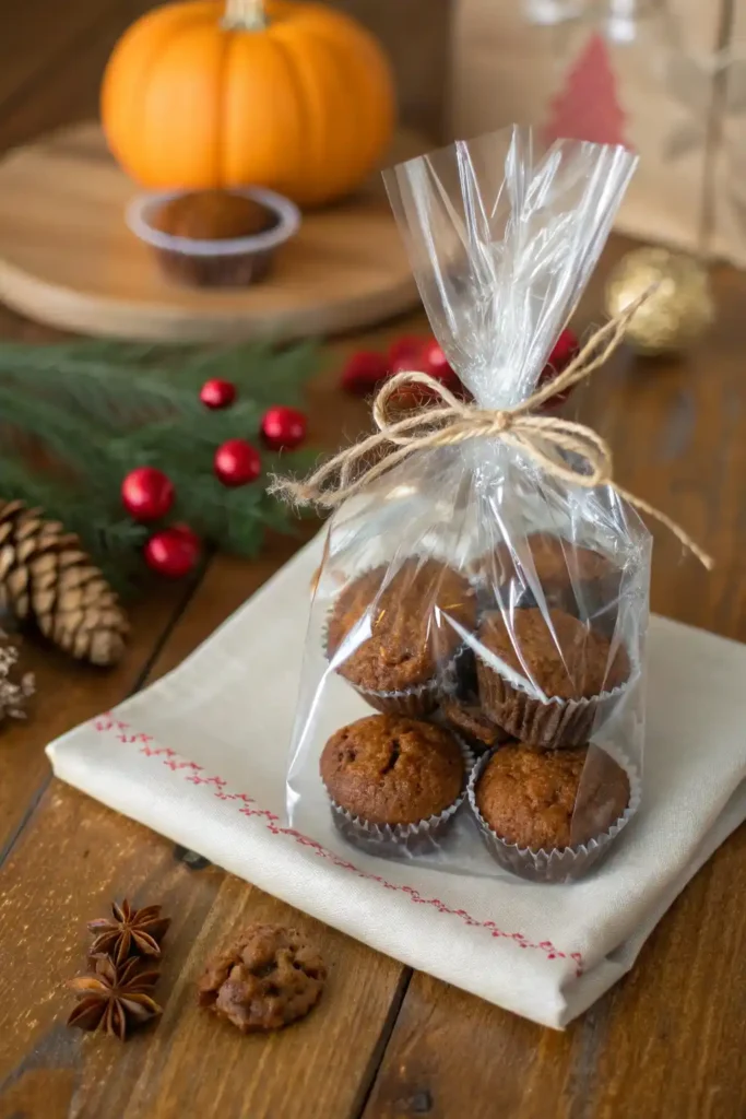 Pumpkin Spice Brownie Bites wrapped as holiday gifts