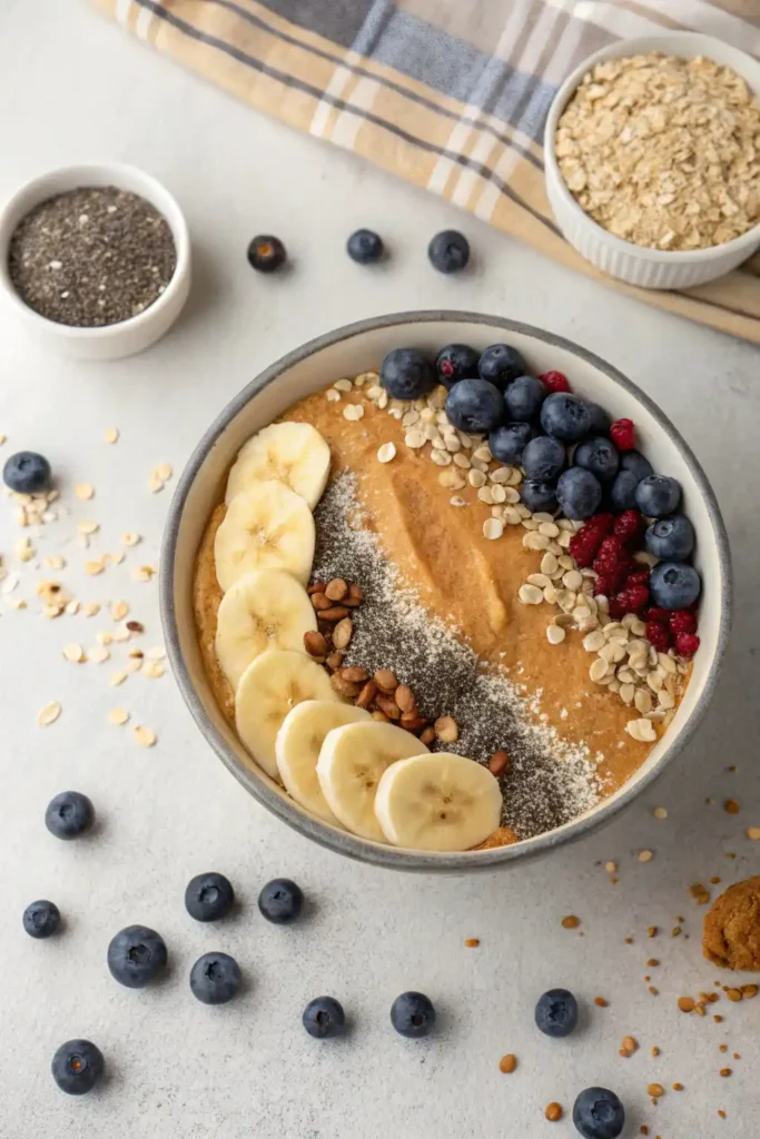 Peanut butter powder mix-ins with blueberries and oats