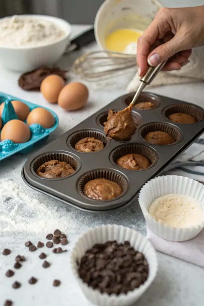 Scooping pumpkin spice brownie batter into muffin pan