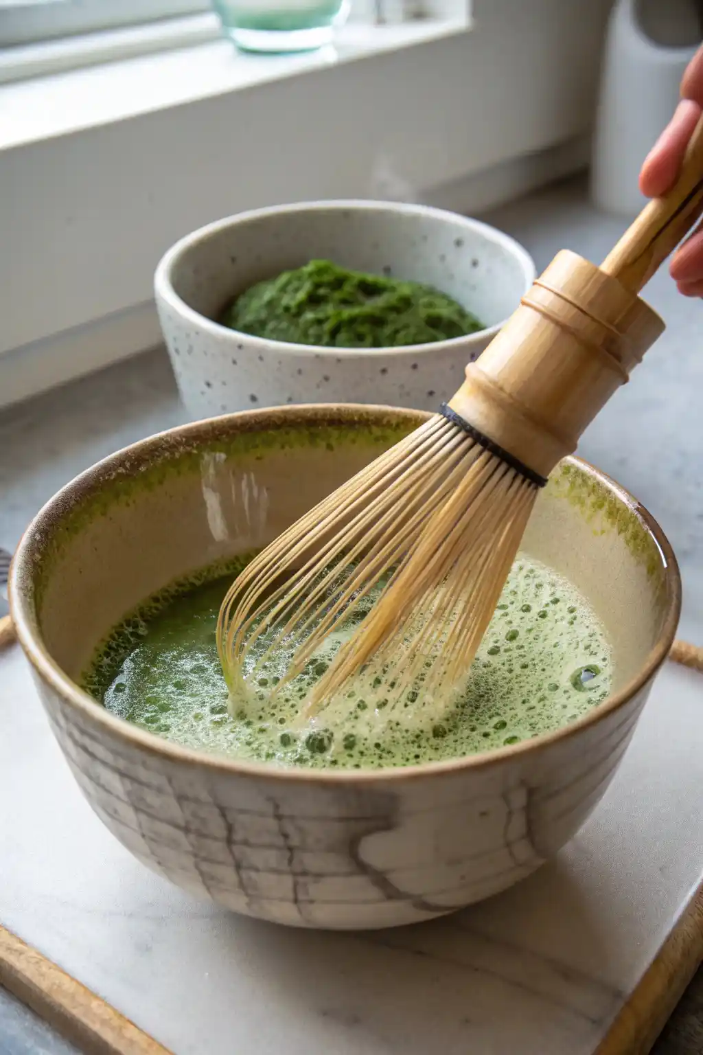 Whisking matcha for iced latte