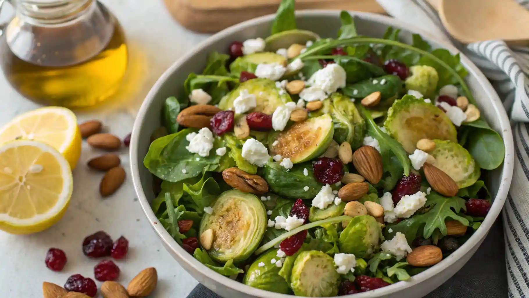 Mediterranean Brussels sprouts salad with greens, feta, cranberries