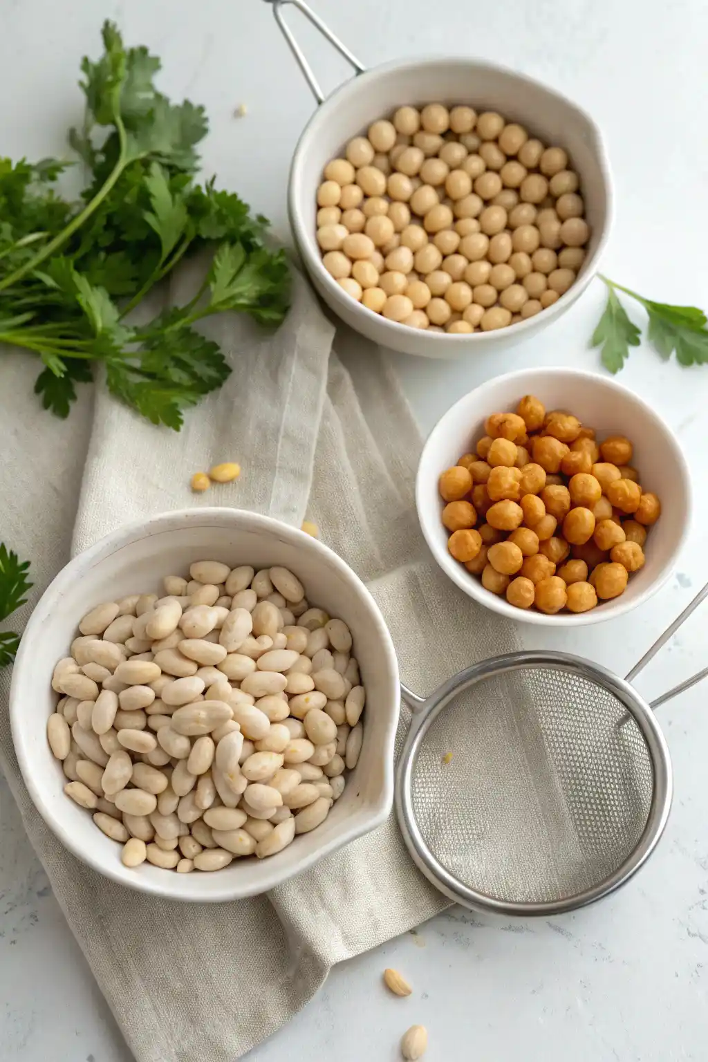 Cannellini, chickpeas, and borlotti beans prepared and cooled for salad