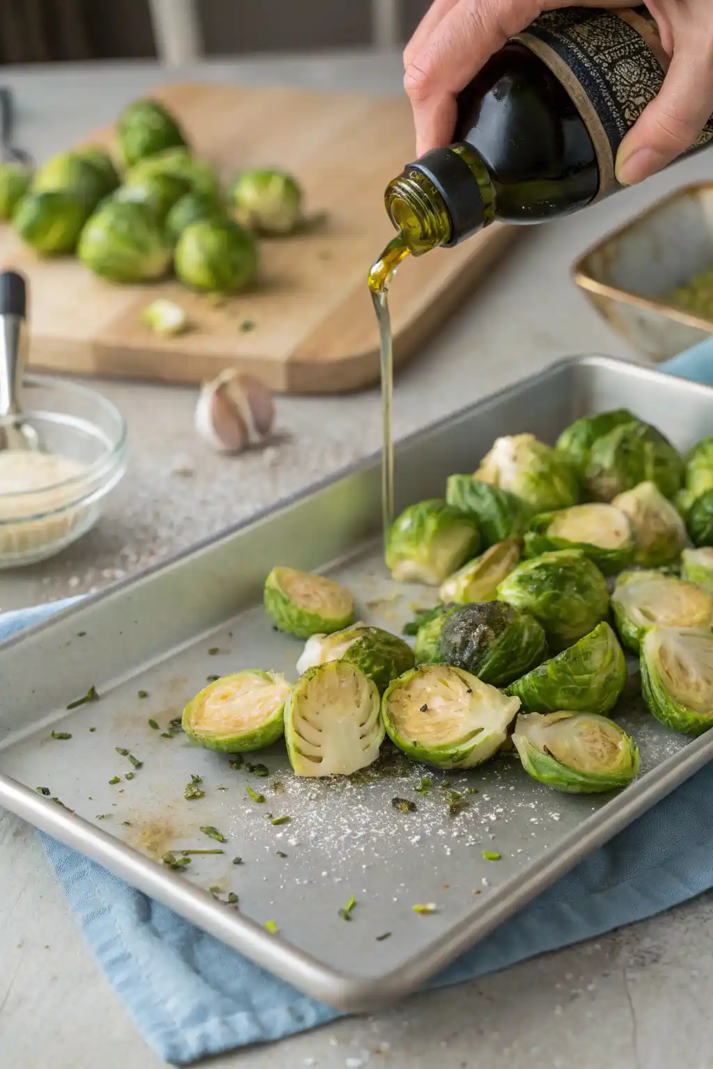 Step-by-step preparation of Brussels sprouts being trimmed and seasoned