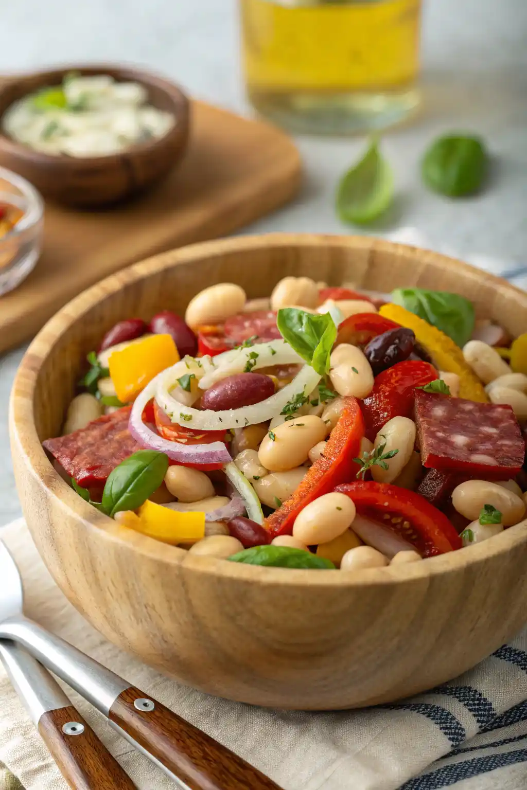 Italian bean salad with cannellini beans, chickpeas, salami, mozzarella, red peppers, and fresh basil in a wooden bowl