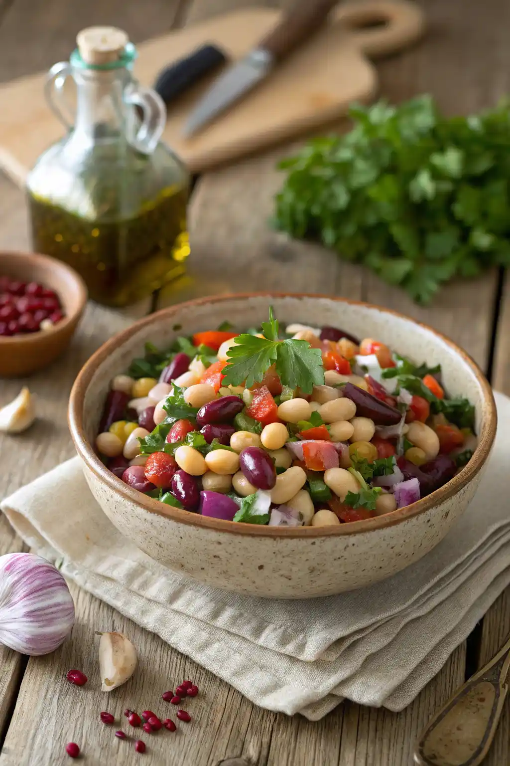 Italian Dense Bean Salad served in a rustic bowl with fresh herbs and olive oil
