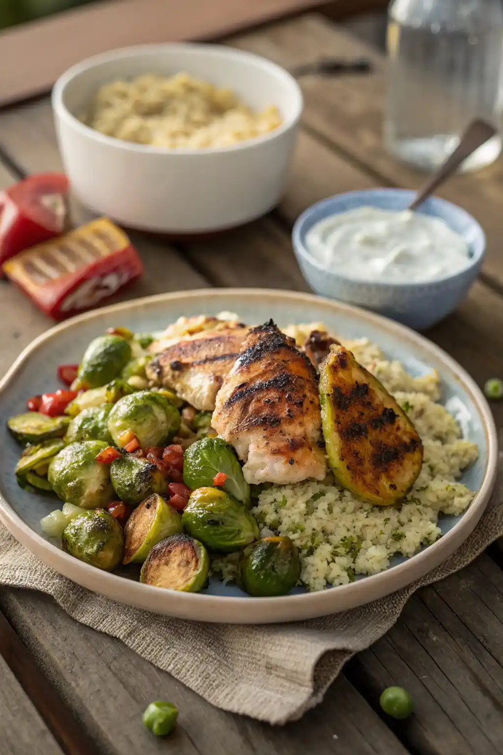 Mediterranean Brussels sprouts served with grilled chicken, couscous, and tzatziki