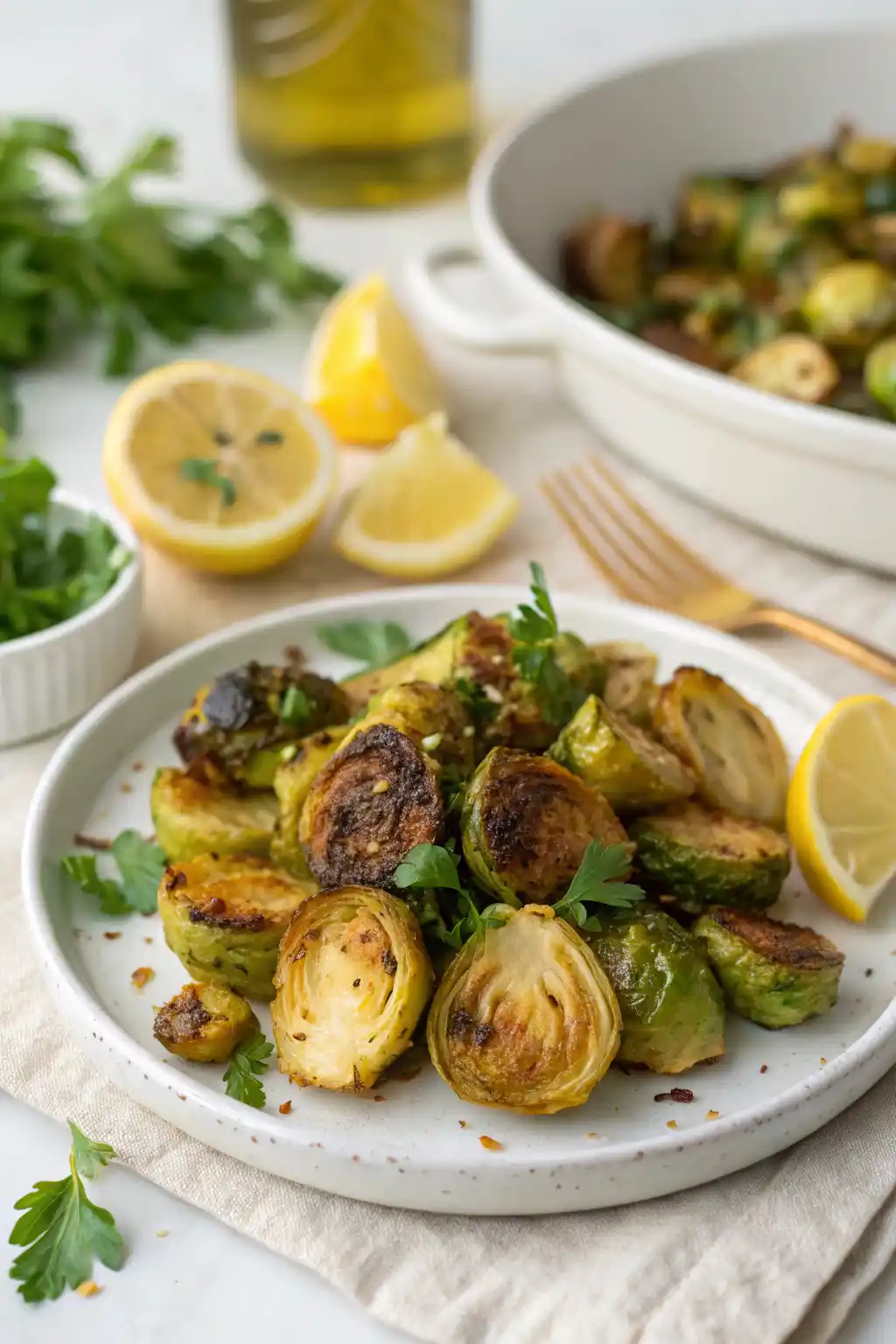 Golden roasted Mediterranean Brussels sprouts on a white plate with lemon wedges